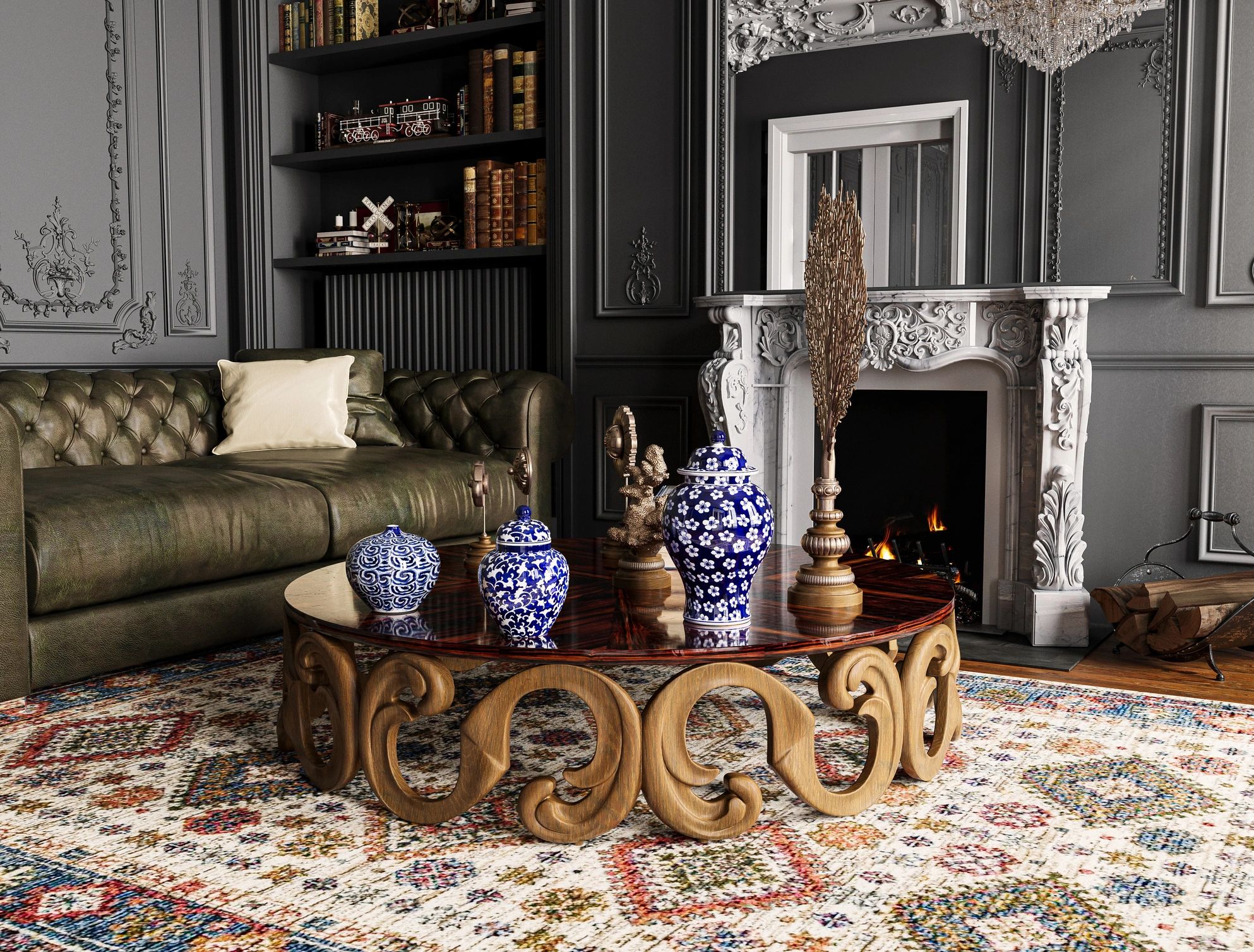 Elegant living room with a rug as part of a refined interior