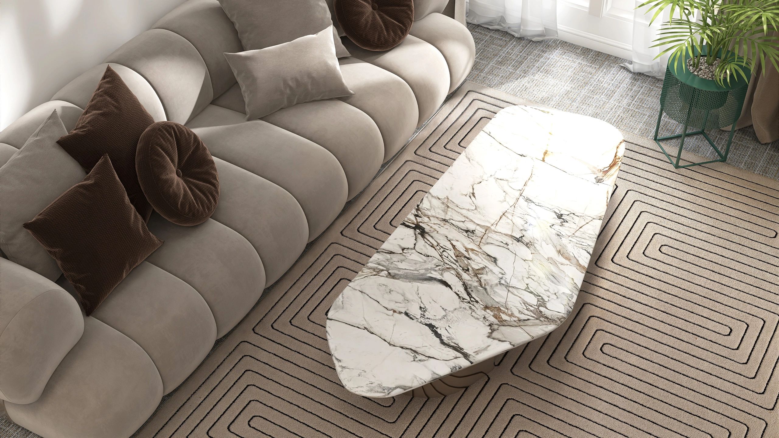 Luxury living room featuring a warm-toned carpet